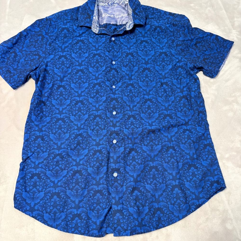 Robert Graham Damask Button Down Short Sleeve Top Blue Classic Fit Large Men